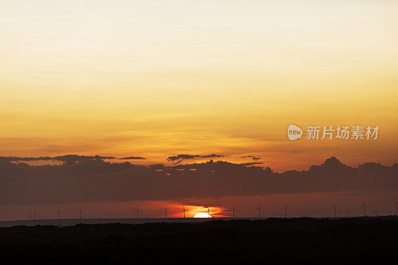 在巴西北部里约热内卢Grande do Norte的Galinhos，夕阳落在一排排用于风力发电的风力涡轮机后面